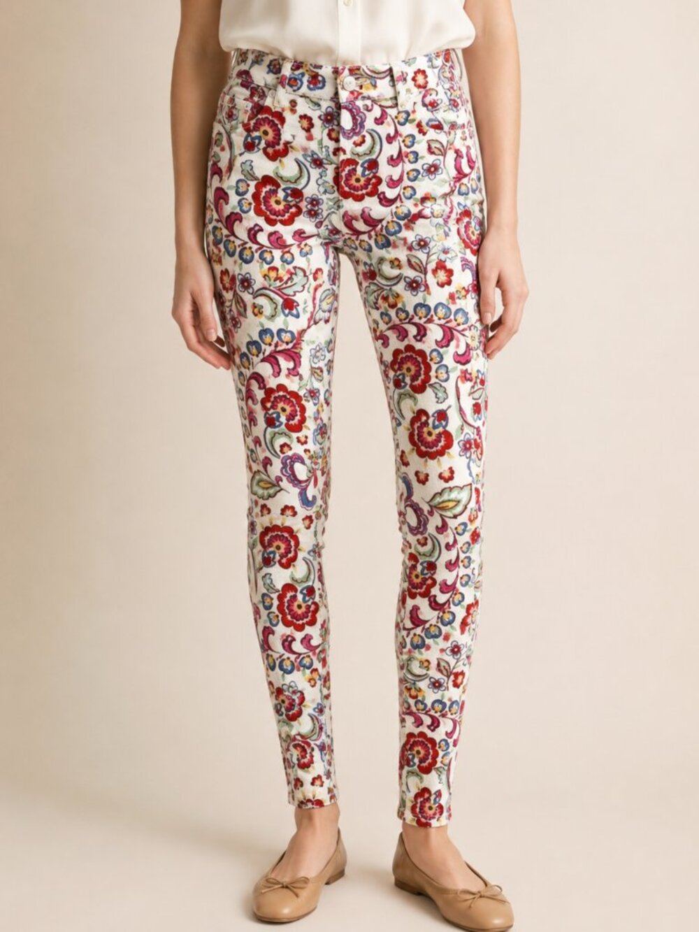 Pilcro Floral Skinny Jeans Womens 25 US 0 Anthropologie White Mid Rise Stretch